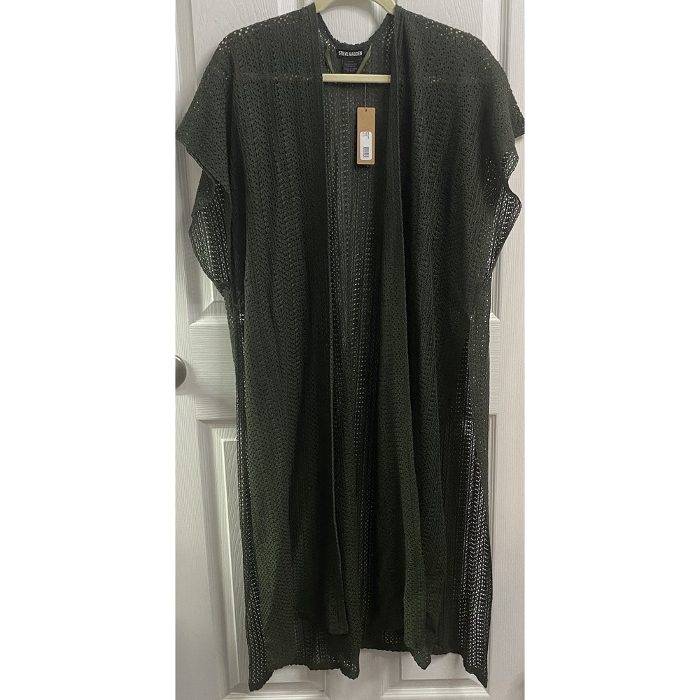 Steve Madden Women Olive Green Long Open Cardigan Kimono Duster Tight Knit ONE S
